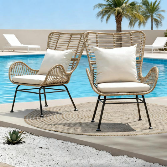 2-Piece Outdoor Wicker Wingback Chair Set with Cushions