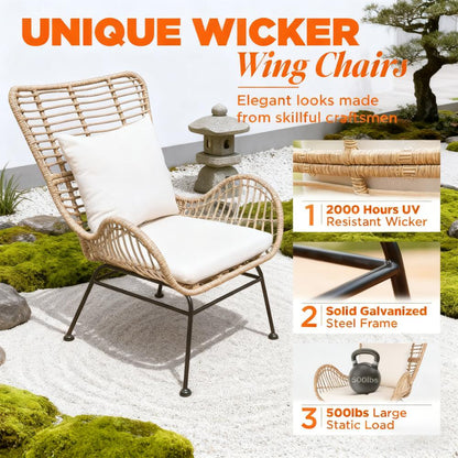 2-Piece Outdoor Wicker Wingback Chair Set with Cushions