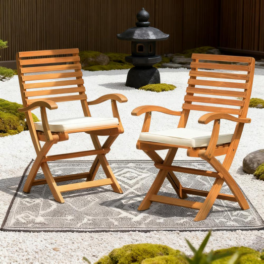 Foldable Wooden Armchair with Water-Resistant Cushion (2-Piece Set)