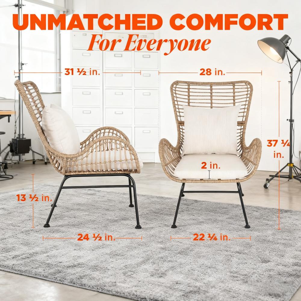 2-Piece Outdoor Wicker Wingback Chair Set with Cushions