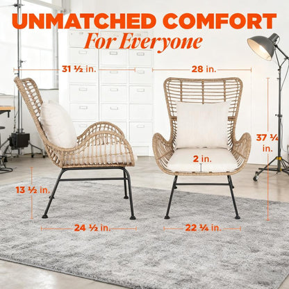 2-Piece Outdoor Wicker Wingback Chair Set with Cushions